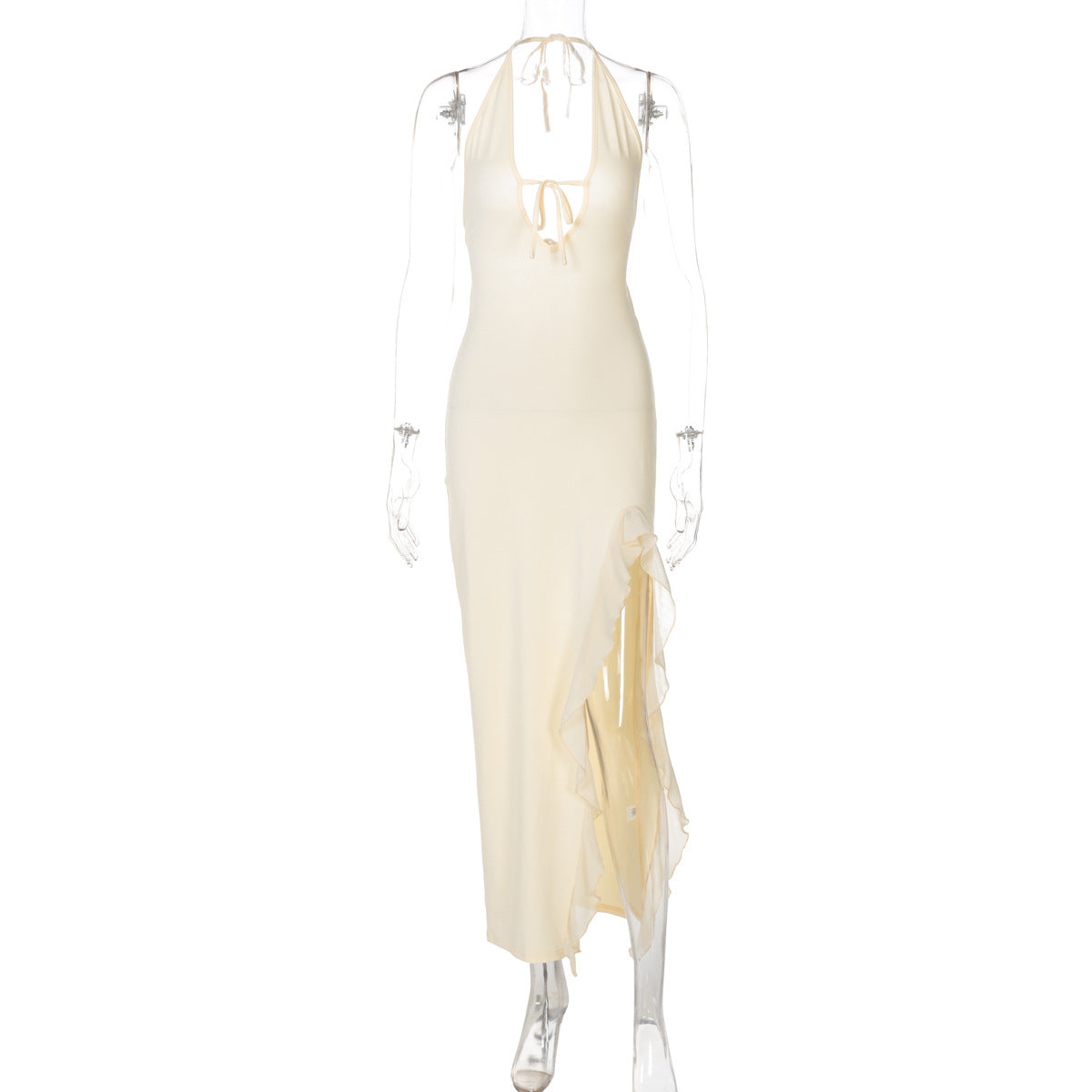 Vestido con escote en V, volantes, cordones y espalda descubierta