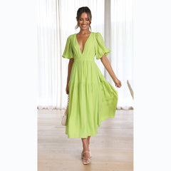 Casual Trends V neck Tight Waist Mid Length Dress