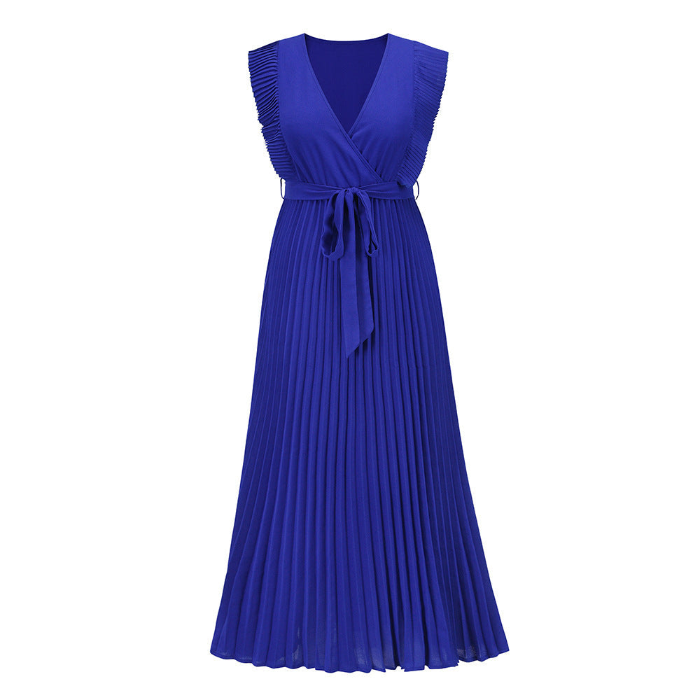 Elegant Beach DressSlim Fit Ruffle Sleeve Chiffon Pleated Solid Color Dress
