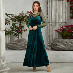 Long Sleeve round Collar Gauze Lace Velvet Cami Dress