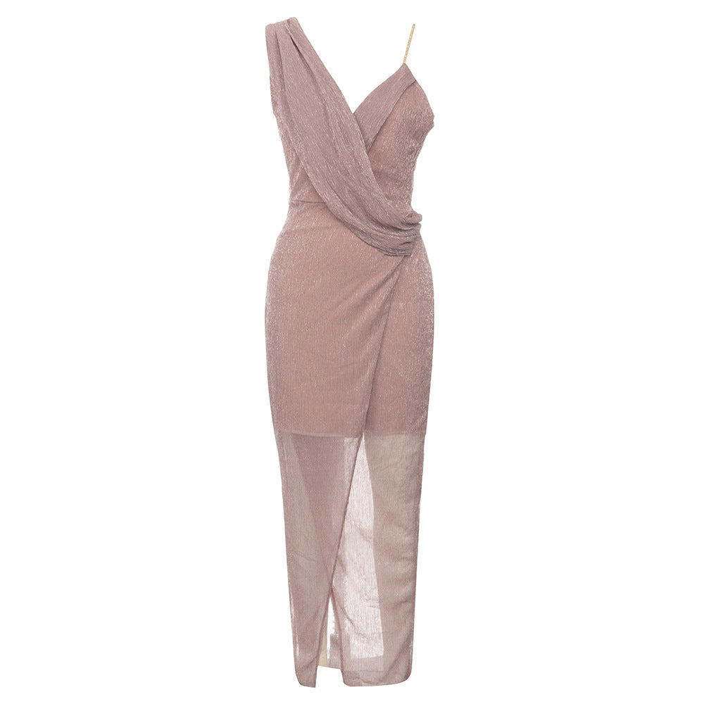 Dress Simple Sling Swing Collar Backless Front Slit Slim