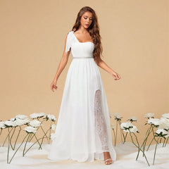 Vestido de un solo hombro blanco con abertura y cintura transparente para adelgazar, vestido de noche para fiesta anual