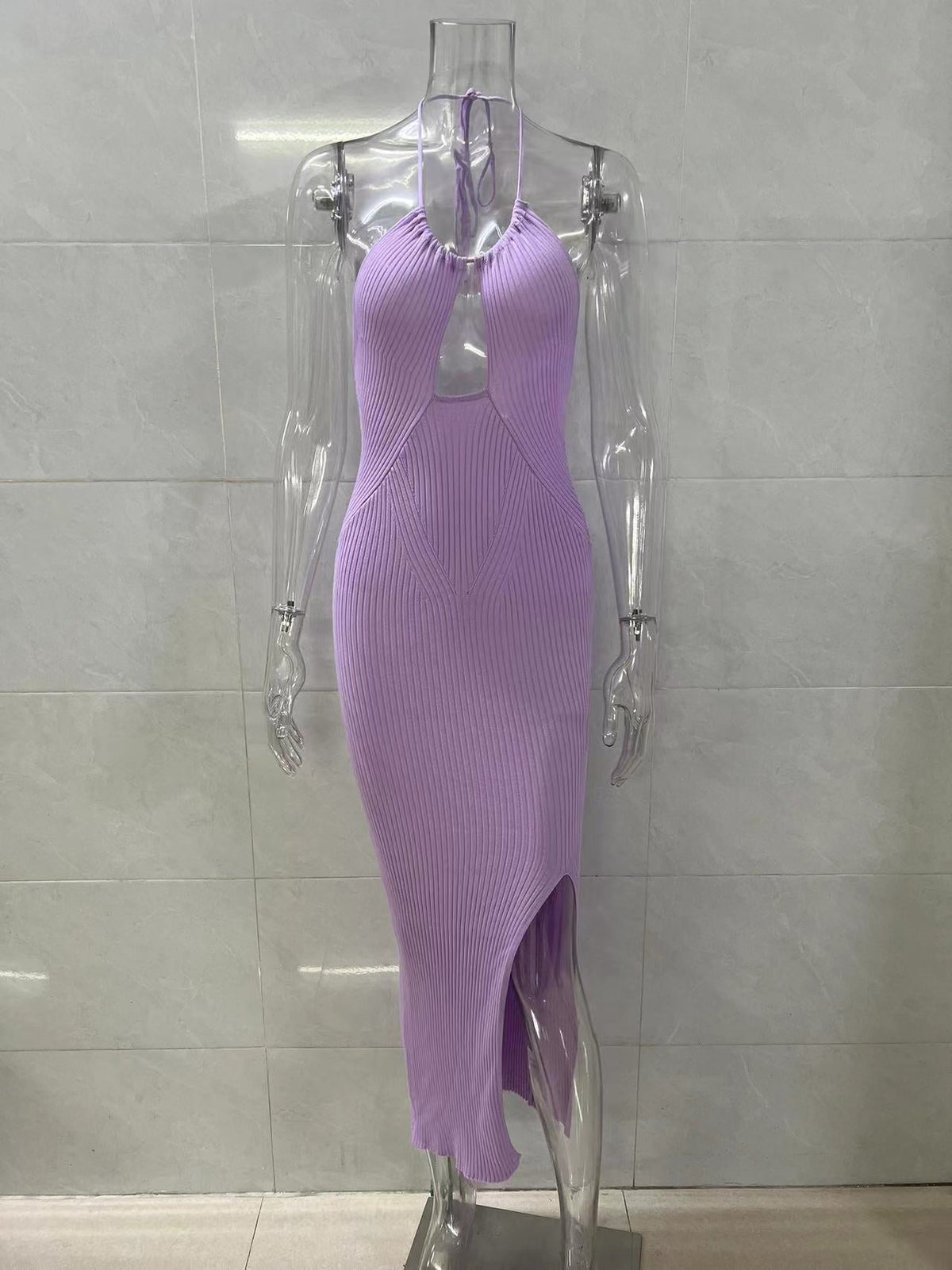 Halter Cut out Knitted Mid Length Split