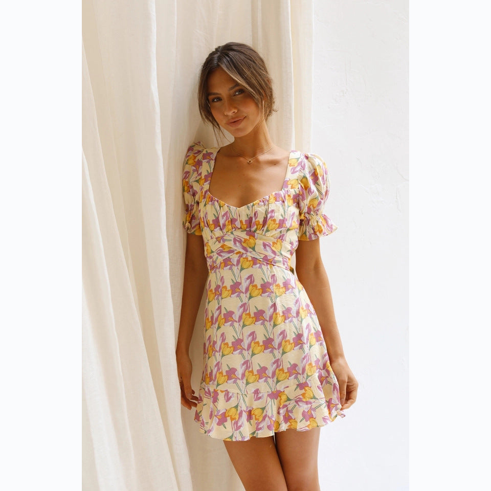 Digital Floral Print Fresh Sweet A- line Short Dress