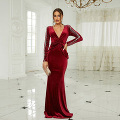 Elegant Long Sleeve Long Velvet V neck Annual Party Party Evening Dress Bridesmaid Dress