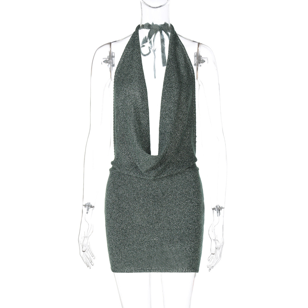 V neck Backless Lace up Wool Dress