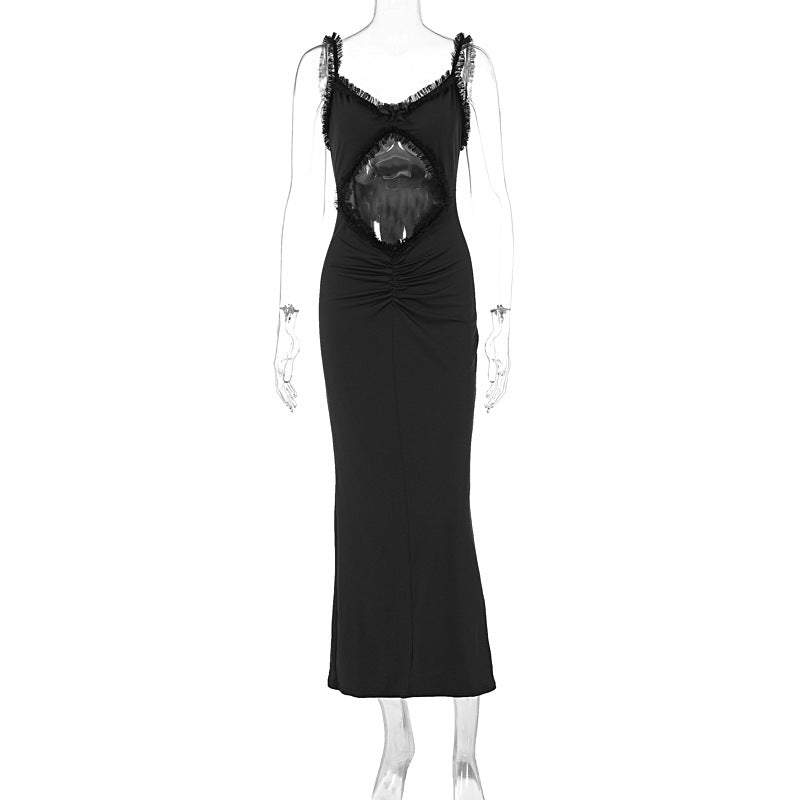 Hosenträger-Jumpsuit mit Holzohren, kragenlos, kurz geschnitten, schmal geschnitten, Maxi