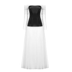 Vestido de retazos de piel sintética de malla blanca, vestido de manga larga, vestido de cóctel con parte superior de tubo, vestido de organza