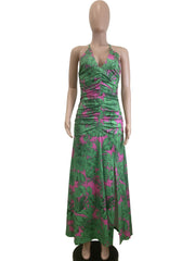 Spaghetti Strap Floral Print Pleating Slit Dress Long