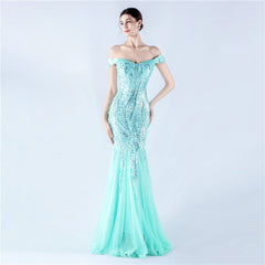 Dress Craft Beaded Mesh Sequin Evening Dress Annual Meeting Performance Host