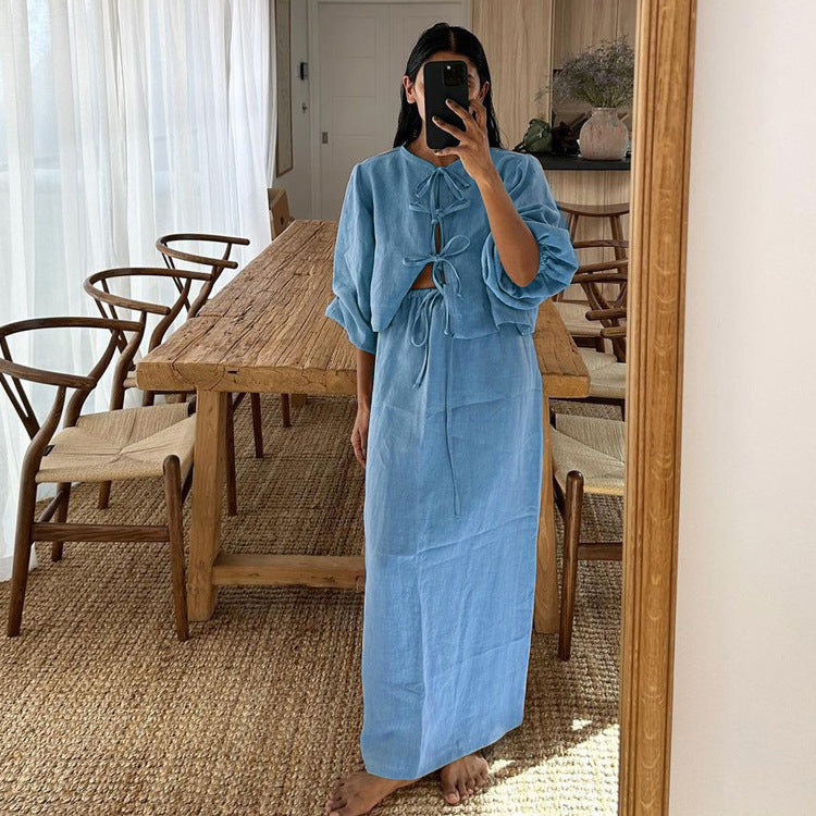Retro Tea Dress for Puff Sleeve Shirt Set Summer