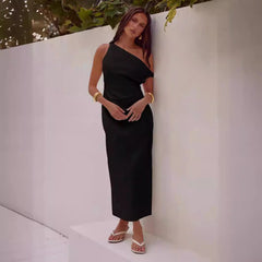 Solid Color Sloping Shoulder off the Shoulder Mid Length to Maxi Dress