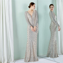 Positioning Floral Sequin Evening Banquet Elegant Long Sleeve Sequined Queen Fishtail Dress