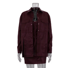 Faux Leather Vintage Dress Set Design Collared Long Sleeve Cardigan Short Sling Dress Two Piece Sets
