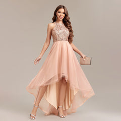Heavy Industry Halter Sequin Stitching Multi Layer Mesh Sleeveless Irregular Asymmetric Hem Pettidress Ball Gown Organza