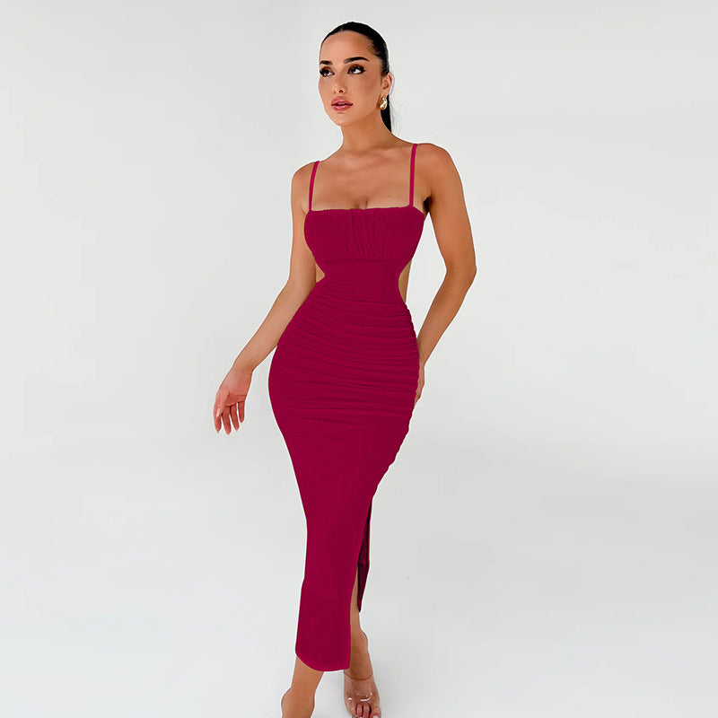 Cami Dress Backless Ruffle Hip Side Slit Maxi Dress