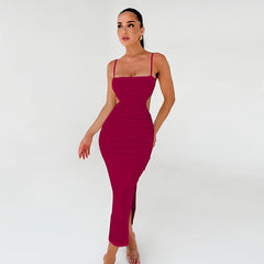 Cami Dress Backless Ruffle Hip Side Slit Maxi Dress