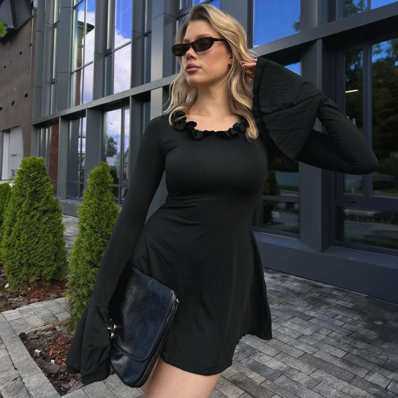 Cool Long Sleeve round Neck Wooden Ear Slim Sheath Dress