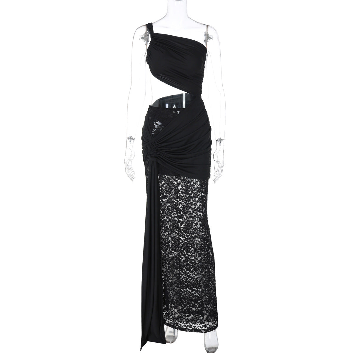 Vestido de tirantes de encaje con aberturas y cintura media