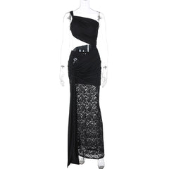 Vestido de tirantes de encaje con aberturas y cintura media
