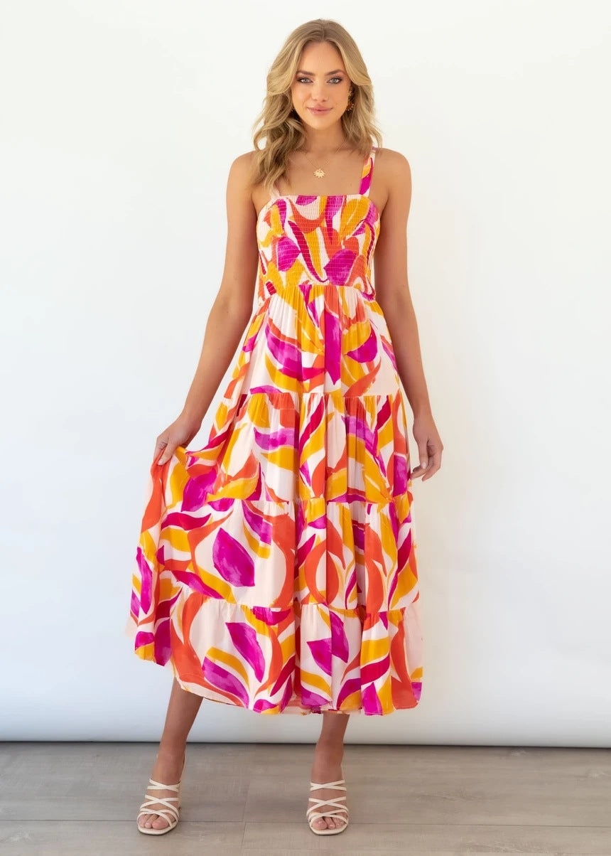 Camisole Tube Top Cinched Waist Large Printed Dress for Abstract Floral