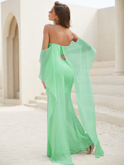 Strapless Short Sleeve Formal Elegant Lace Slim Bodycon Maxi Dress