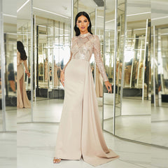 Elegant Long Sequined Long Sleeve round Neck Cocktail Annual Meeting Evening Dress Bridesmaid