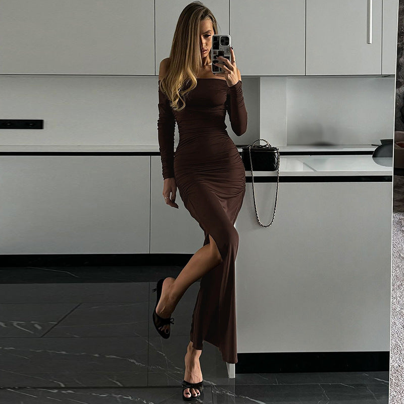 off the Shoulder off Neck Tight Pleated Side Split Dress