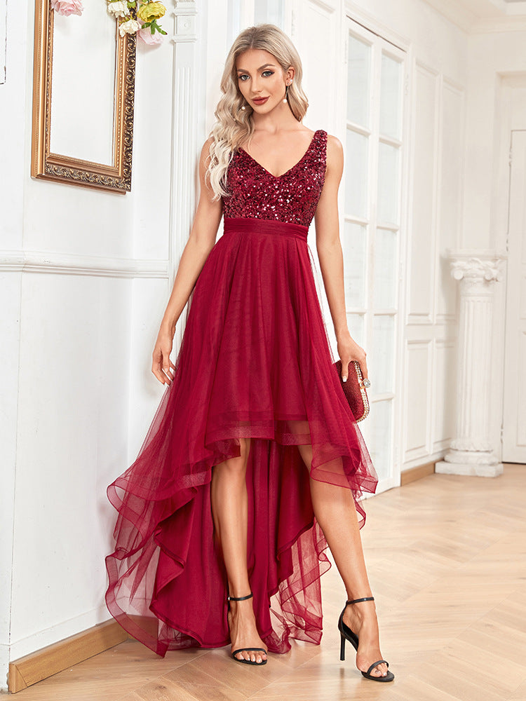 Vestido de dama de honor de gasa con escote en V doble, sin mangas, corte A, dobladillo grande, costura de lentejuelas, vestido de noche