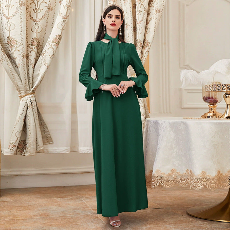 round Neck Long Sleeve High Waist Ruffles A line Dress Maxi Dress