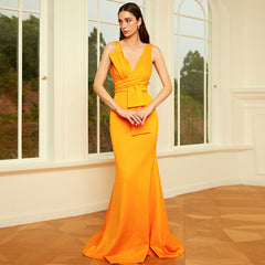 Vestido de cóctel para dama de honor, de noche, elegante, ajustado, largo, de color liso, sin mangas y con escote en V