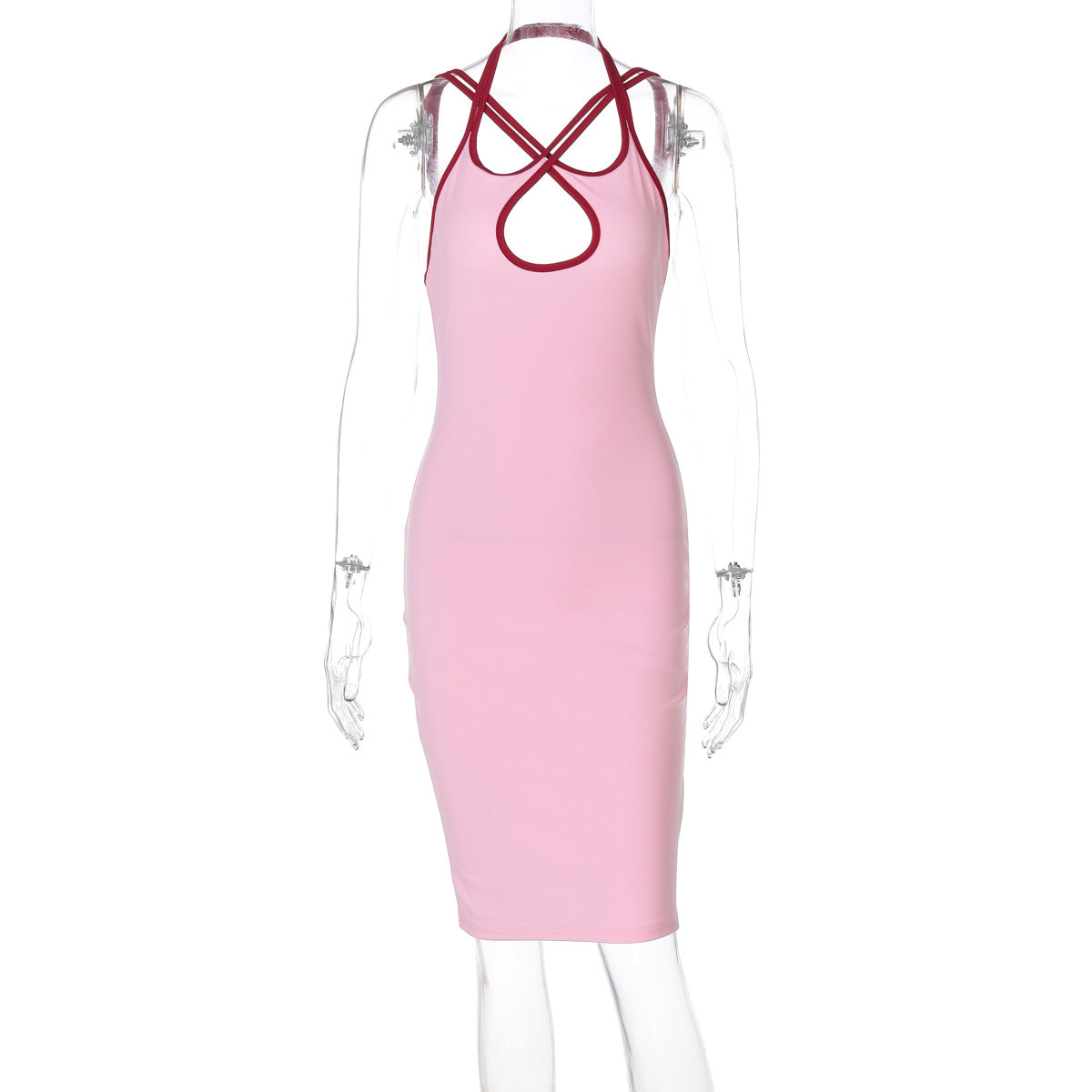 Contrast Color Hollow Out Cutout Slim Fit Dress Halter Backless Lace up Hip