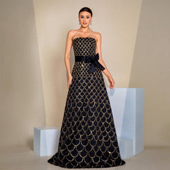 High Class Elegant off Neck Wrapped Chest Cocktail Waist Controlled Large Hem Sequined Evening