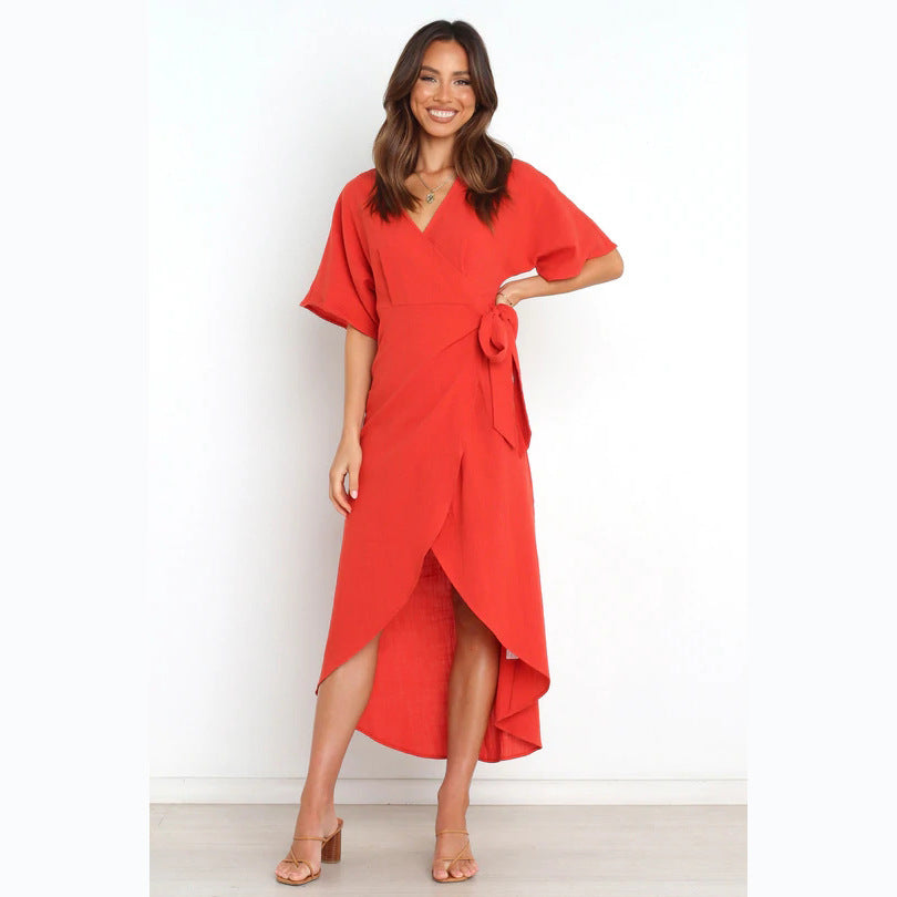 Solid Color Casual V-neck Lace-up Dress