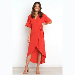 Solid Color Casual V-neck Lace-up Dress