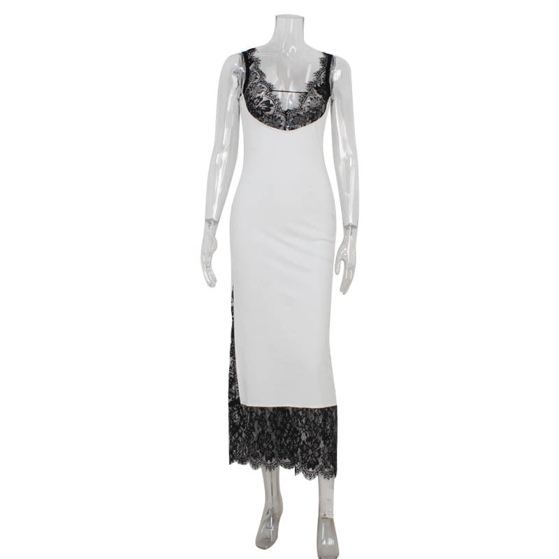 Elegante vestido de dama, sin mangas, escote en V profundo, costura de encaje, vestido tubo ajustado largo
