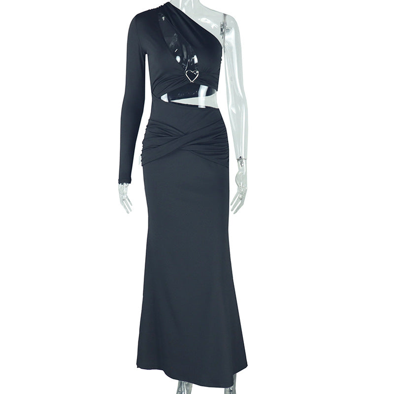 Solid Color Hollow Out Cutout out Bare Cropped Slim Fit Hip Dress Asymmetric One Shoulder Split Sleeve Diagonal Collar Dress