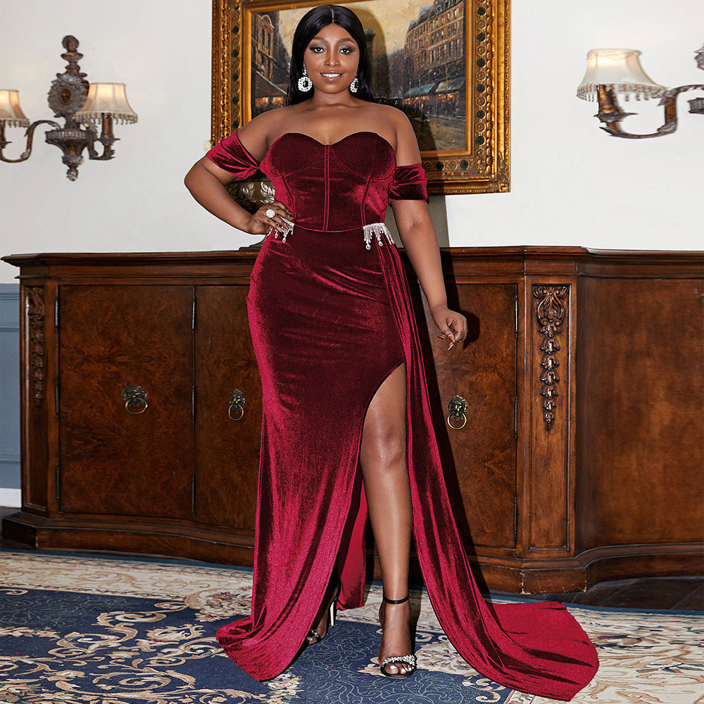 Vestido de noche ligero y lujoso para fiesta de cóctel, de talla grande, para boda, largo, con cuello descubierto, adelgazante, para chicas regordetas