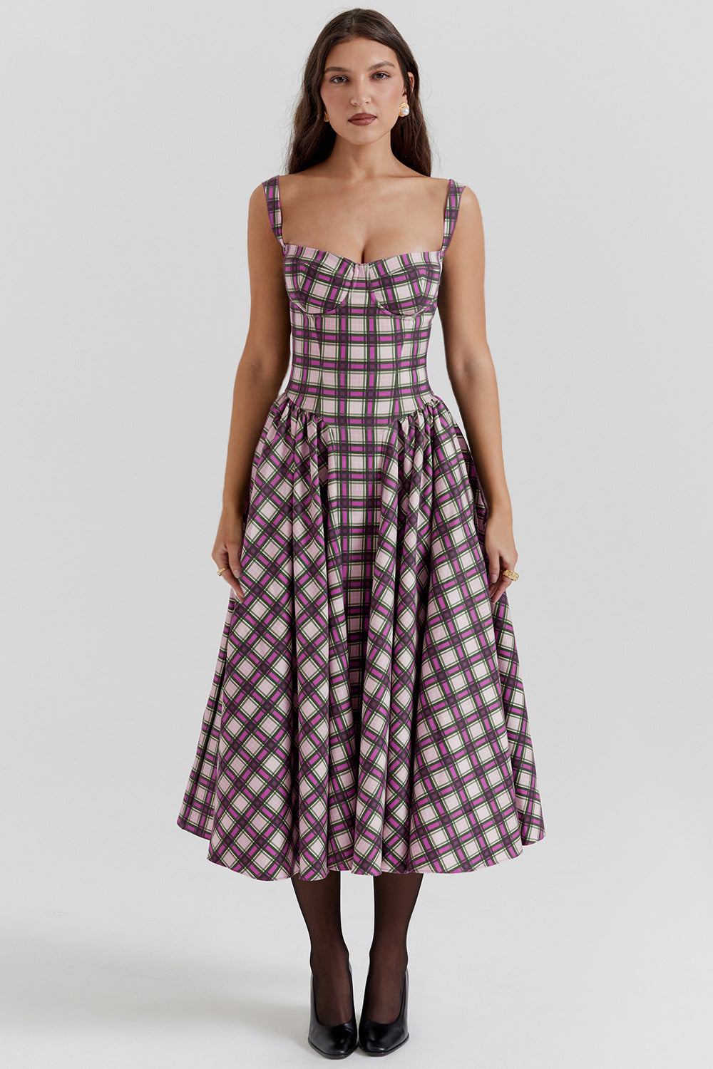 Vestido estilo europeo con cuello en U y cuadros, cintura estrecha, estilo retro, con vuelo grande