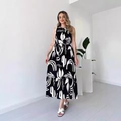 Wear Irregular Asymmetric Pattern Print Sleeveless High Waist Slim Tether Dress