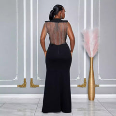 Vestido ajustado con abertura y tira de diamantes de imitación en la espalda y cuello redondo