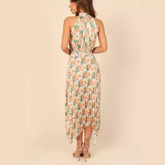 Printing Folding Solid Color Sleeveless Halter V neck Asymmetric Dress