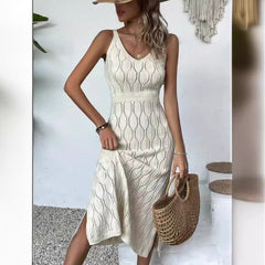 Vestido de punto sin espalda de color sólido con aberturas y aberturas para vacaciones