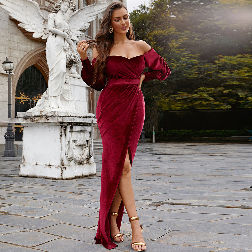 Vestido de noche elegante de manga larga de terciopelo largo con cuello en U y abertura para cóctel, vestido de dama de honor