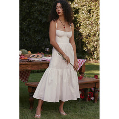 Cami Dress Cotton Linen Jacquard Mid Length Dress White Dress for Sweet Spicy
