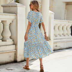 V neck Short Sleeve Hollow Out Cutout Lace Stitching Flounced Pastoral Vacation Dress