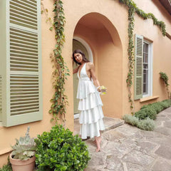Tiered Dress Deep V Plunge Neck Backless Lace Up Dress