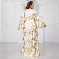 Plus Size Muslimisches Kleid aus dem Nahen Osten mit V-Ausschnitt, Stickerei, Spitze, langen Ärmeln und Gürtel