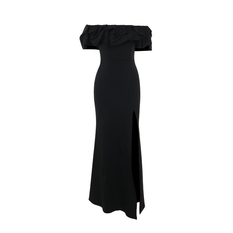 off the Shoulder Pleated Slit Formal Dress Long dress Socialite Slim Fit Slit