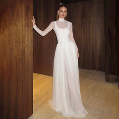 Conjunto de dos piezas de vestido largo ajustado con cuello medio alto y mangas largas con costuras de color liso, dulce y fresco